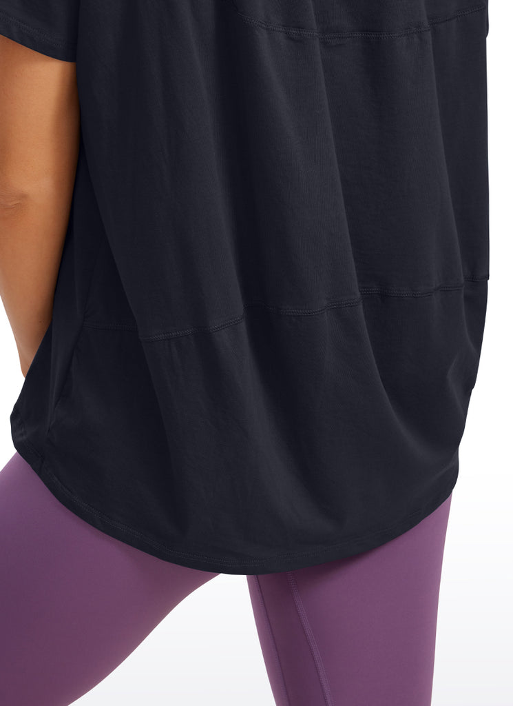 CRZ YOGA Women's Yoga Loose Fit Pima Cotton Short Sleeves Boat Neck Black