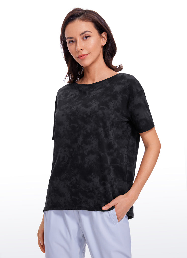 CRZ YOGA Women's Yoga Loose Fit Pima Cotton Short Sleeves Boat Neck purple gray