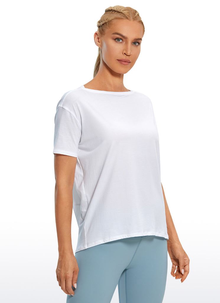 CRZ YOGA Women's Yoga Loose Fit Pima Cotton Short Sleeves Boat Neck White