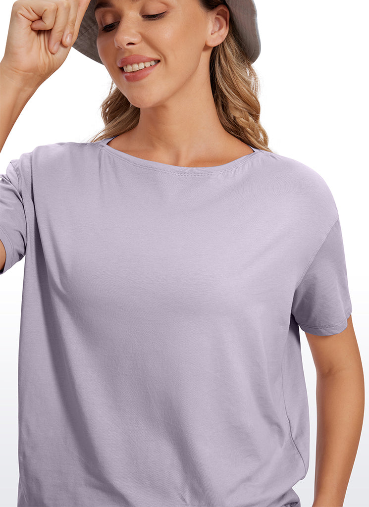 CRZ YOGA Women's Yoga Loose Fit Pima Cotton Short Sleeves Boat Neck Tinsel Purple