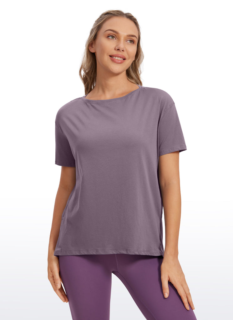 CRZ YOGA Women's Yoga Loose Fit Pima Cotton Short Sleeves Boat Neck purple gray