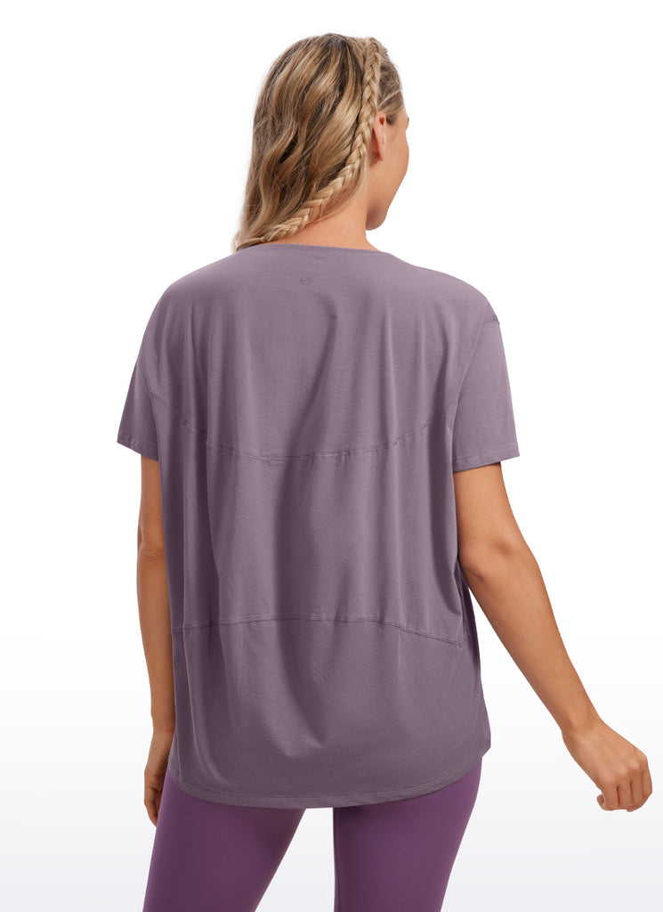 CRZ YOGA Women's Yoga Loose Fit Pima Cotton Short Sleeves Boat Neck purple gray