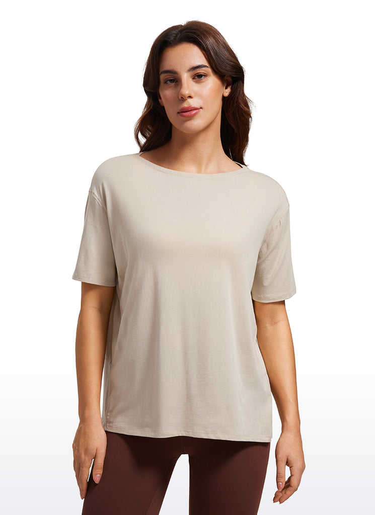 CRZ YOGA Women's Yoga Loose Fit Pima Cotton Short Sleeves Boat Neck Mojave Tan