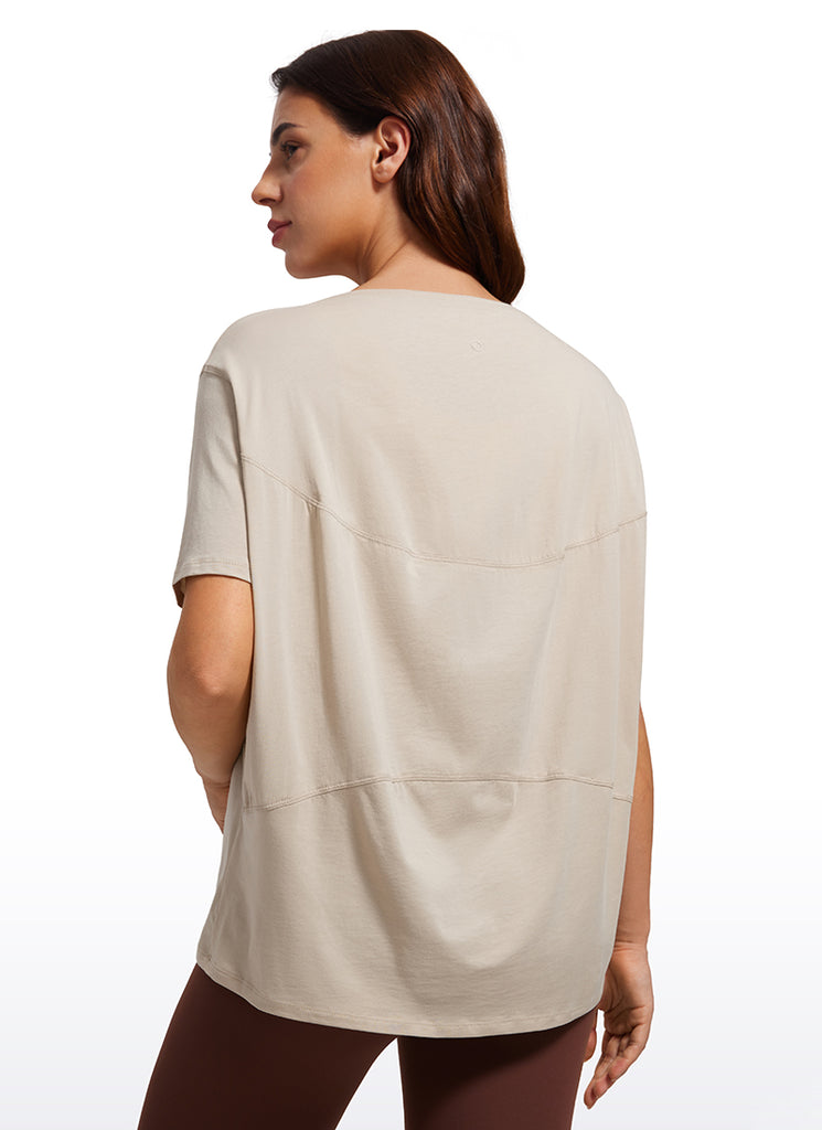 CRZ YOGA Women's Yoga Loose Fit Pima Cotton Short Sleeves Boat Neck Mojave Tan