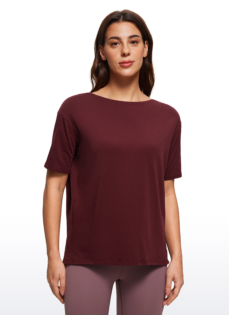 CRZ YOGA Women's Yoga Loose Fit Pima Cotton Short Sleeves Boat Neck Strawberry Pink