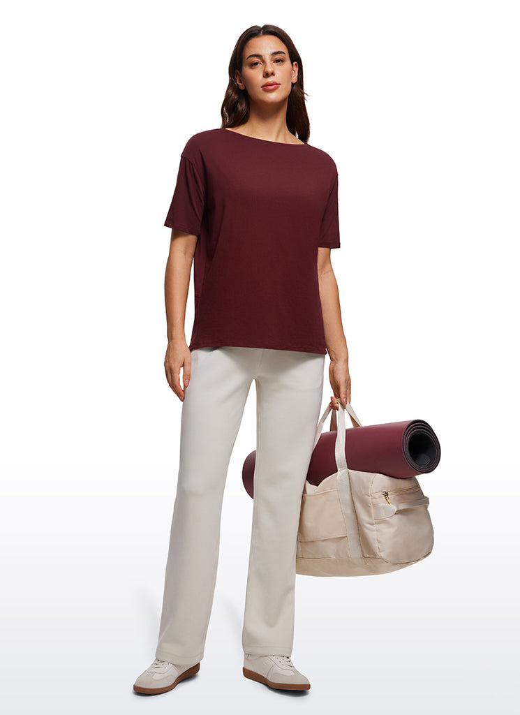 CRZ YOGA Women's Yoga Loose Fit Pima Cotton Short Sleeves Boat Neck Strawberry Pink