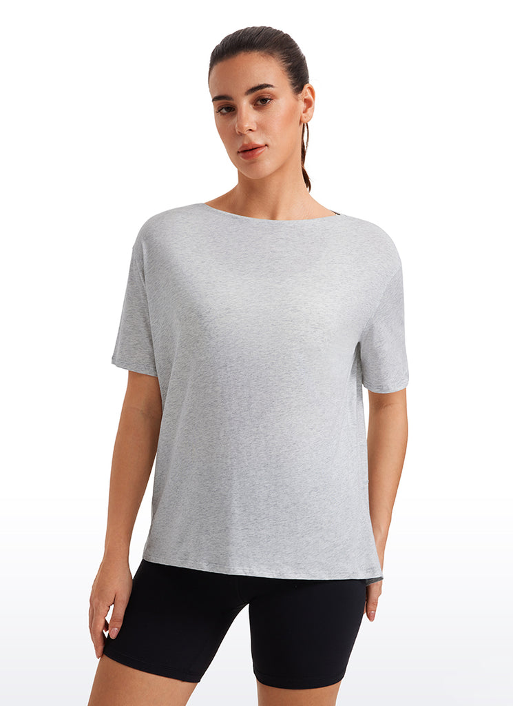 CRZ YOGA Women's Yoga Loose Fit Pima Cotton Short Sleeves Boat Neck Light Grey Heather