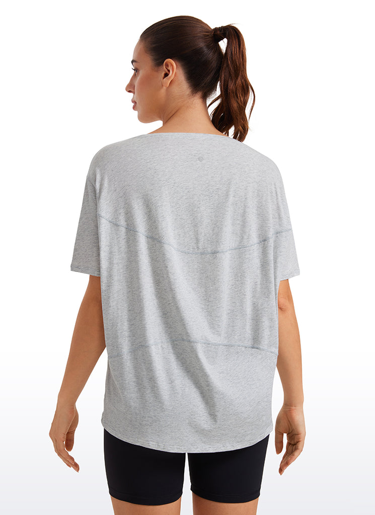 CRZ YOGA Women's Yoga Loose Fit Pima Cotton Short Sleeves Boat Neck Light Grey Heather