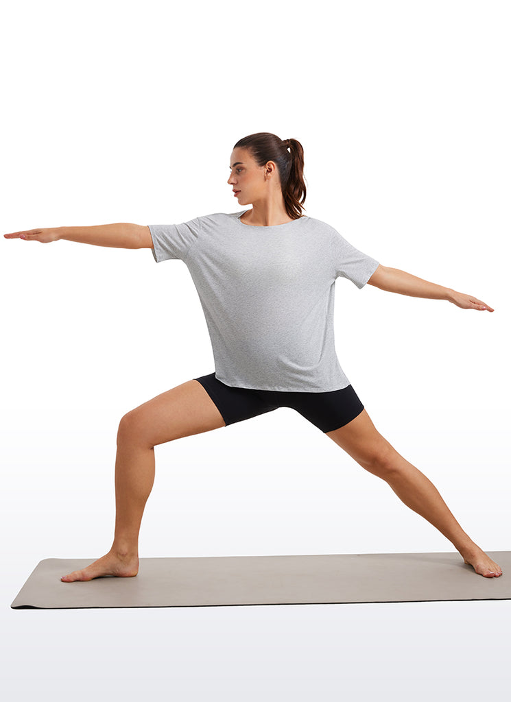 CRZ YOGA Women's Yoga Loose Fit Pima Cotton Short Sleeves Boat Neck Light Grey Heather