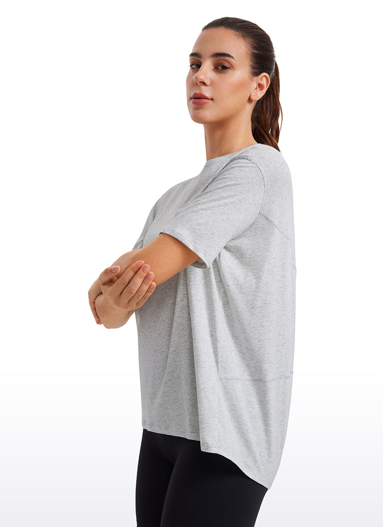 CRZ YOGA Women's Yoga Loose Fit Pima Cotton Short Sleeves Boat Neck Light Grey Heather