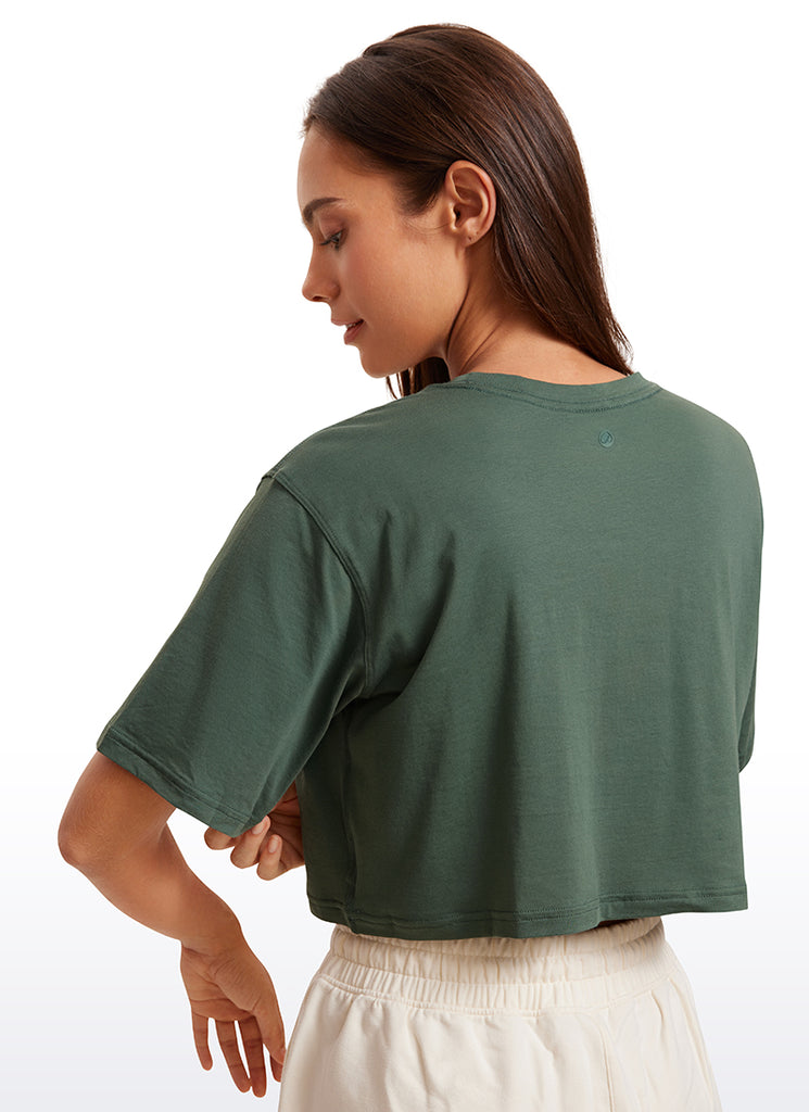 CRZ YOGA Women's Casual Loose Fit Pima Cotton Short Sleeves Cropped Grey Olive