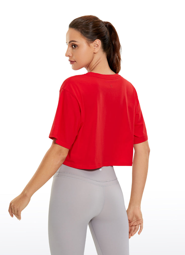 CRZ YOGA Women's Casual Loose Fit Pima Cotton Short Sleeves Cropped Festival Red
