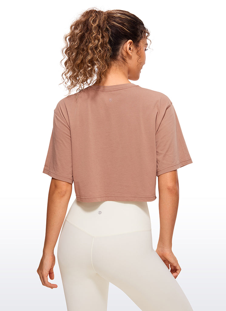 CRZ YOGA Women's Casual Loose Fit Pima Cotton Short Sleeves Cropped Mocha Mousse
