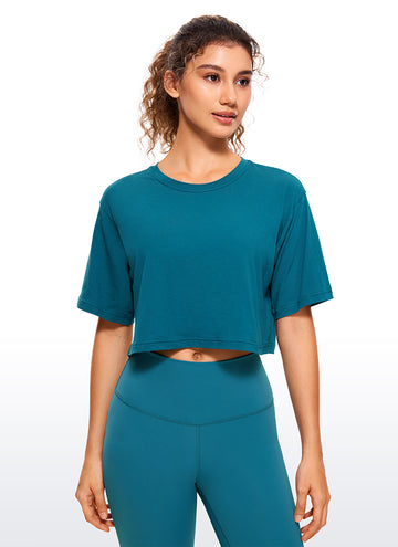 CRZ YOGA Women's Casual Loose Fit Pima Cotton Short Sleeves Cropped Green Jade