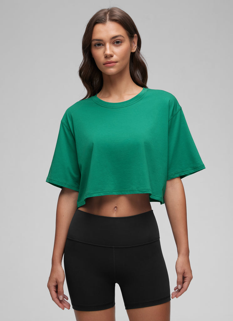 CRZ YOGA Women's Casual Loose Fit Pima Cotton Short Sleeves Cropped Eggplant Heather