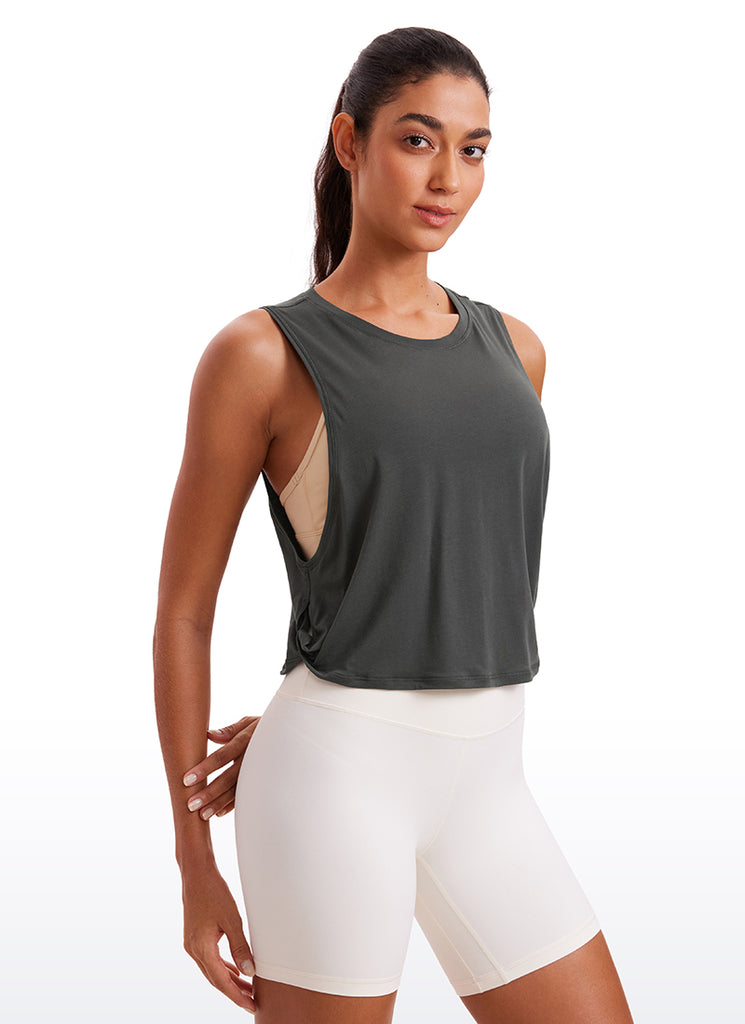 CRZ YOGA Women's Yoga Loose Fit Top Pima Cotton Crop Tank Deep Armhole Grey Olive