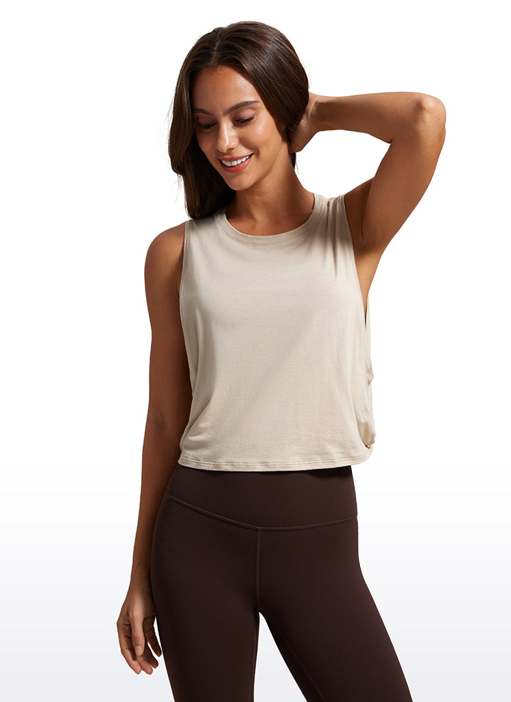 CRZ YOGA Women's Yoga Loose Fit Top Pima Cotton Crop Tank Deep Armhole Ice Grey White