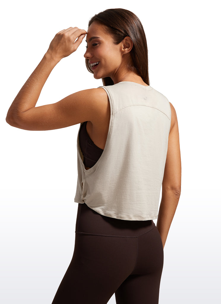 CRZ YOGA Women's Yoga Loose Fit Top Pima Cotton Crop Tank Deep Armhole Ice Grey White