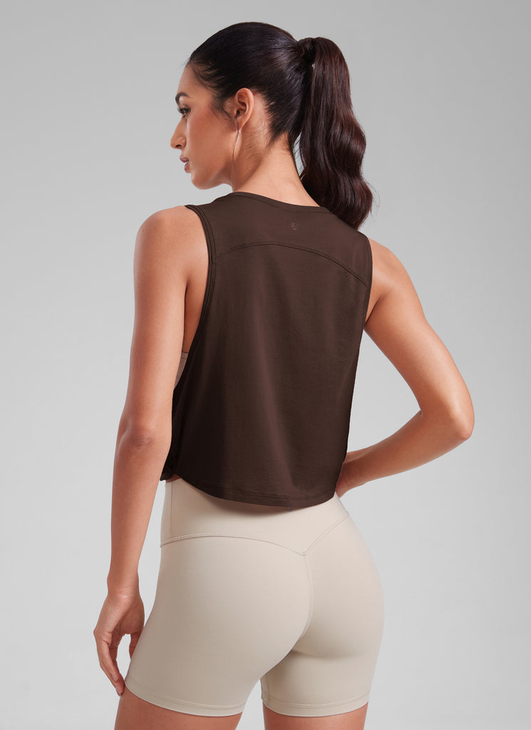 CRZ YOGA Women's Yoga Loose Fit Top Pima Cotton Crop Tank Deep Armhole Hot Fudge Brown