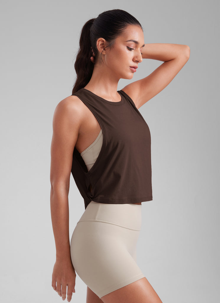 CRZ YOGA Women's Yoga Loose Fit Top Pima Cotton Crop Tank Deep Armhole Hot Fudge Brown