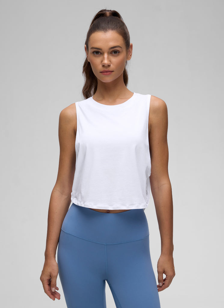 CRZ YOGA Women's Yoga Loose Fit Top Pima Cotton Crop Tank Deep Armhole Ice Grey White