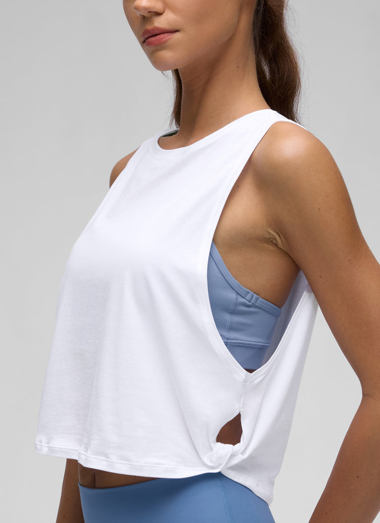 CRZ YOGA Women's Yoga Loose Fit Top Pima Cotton Crop Tank Deep Armhole Ice Grey White