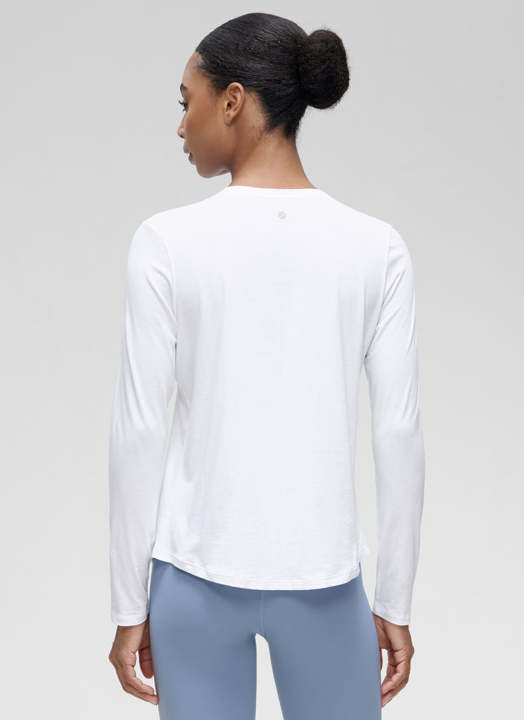 CRZ YOGA Women's Yoga Classic Fit Tops Pima Cotton Workout Long Sleeve White