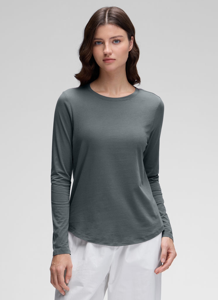 CRZ YOGA Women's Yoga Classic Fit Tops Pima Cotton Workout Long Sleeve Cinnamon Ash