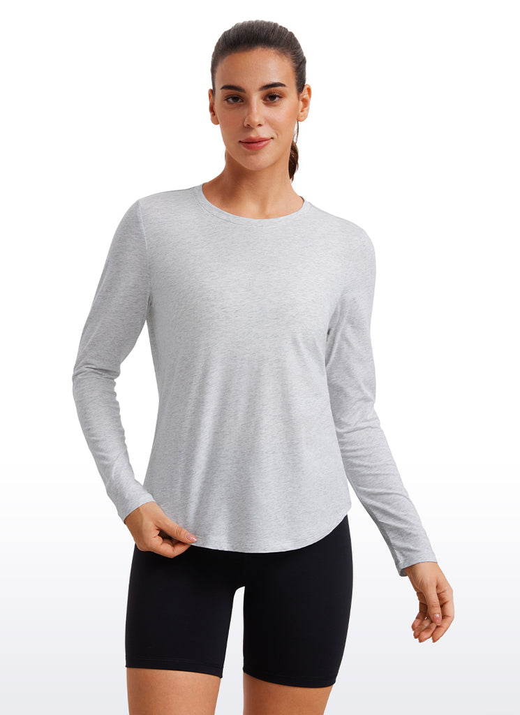 CRZ YOGA Women's Yoga Classic Fit Tops Pima Cotton Workout Long Sleeve Light Grey Heather