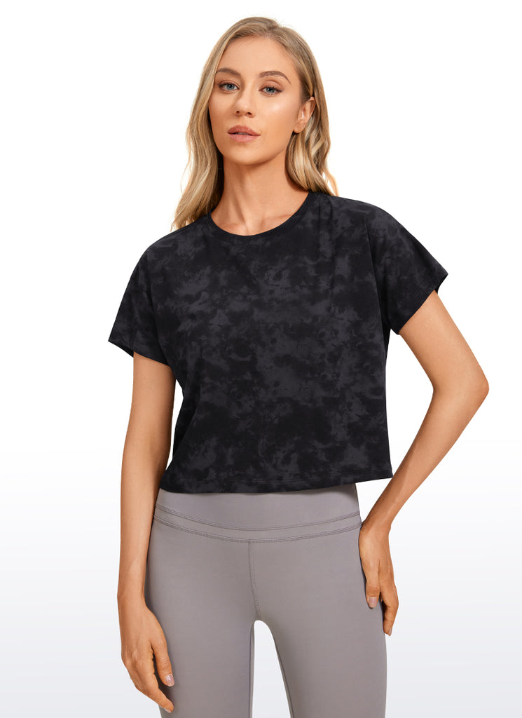 CRZ YOGA Women's Yoga Relaxed Fit Shirt Pima Cotton Crop Short Sleeves Tie Dye Smoke Ink