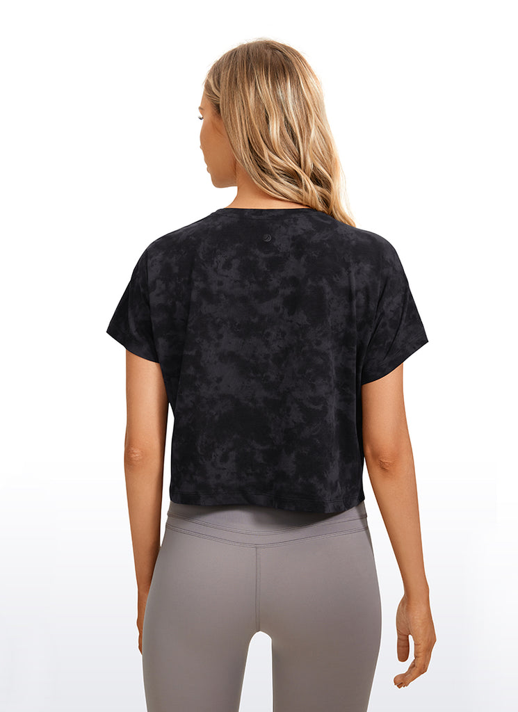 CRZ YOGA Women's Yoga Relaxed Fit Shirt Pima Cotton Crop Short Sleeves Strong Blue