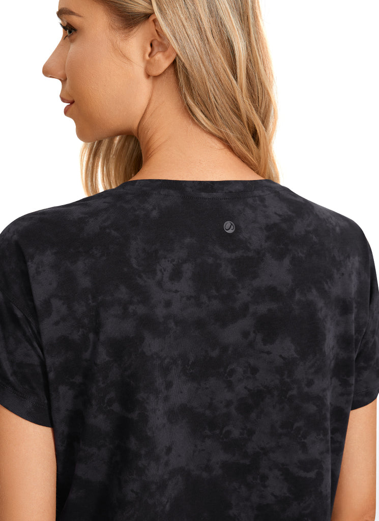 CRZ YOGA Women's Yoga Relaxed Fit Shirt Pima Cotton Crop Short Sleeves Tie Dye Smoke Ink