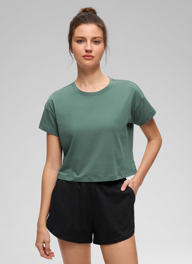 CRZ YOGA Women's Yoga Relaxed Fit Shirt Pima Cotton Crop Short Sleeves Graphite Green
