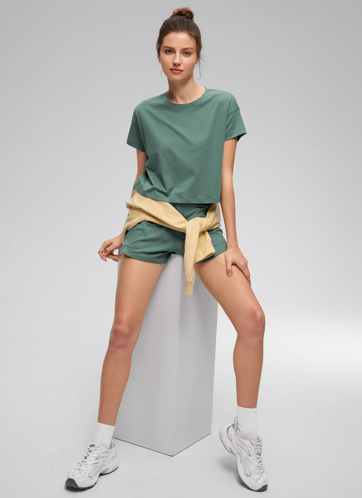 CRZ YOGA Women's Yoga Relaxed Fit Shirt Pima Cotton Crop Short Sleeves Graphite Green