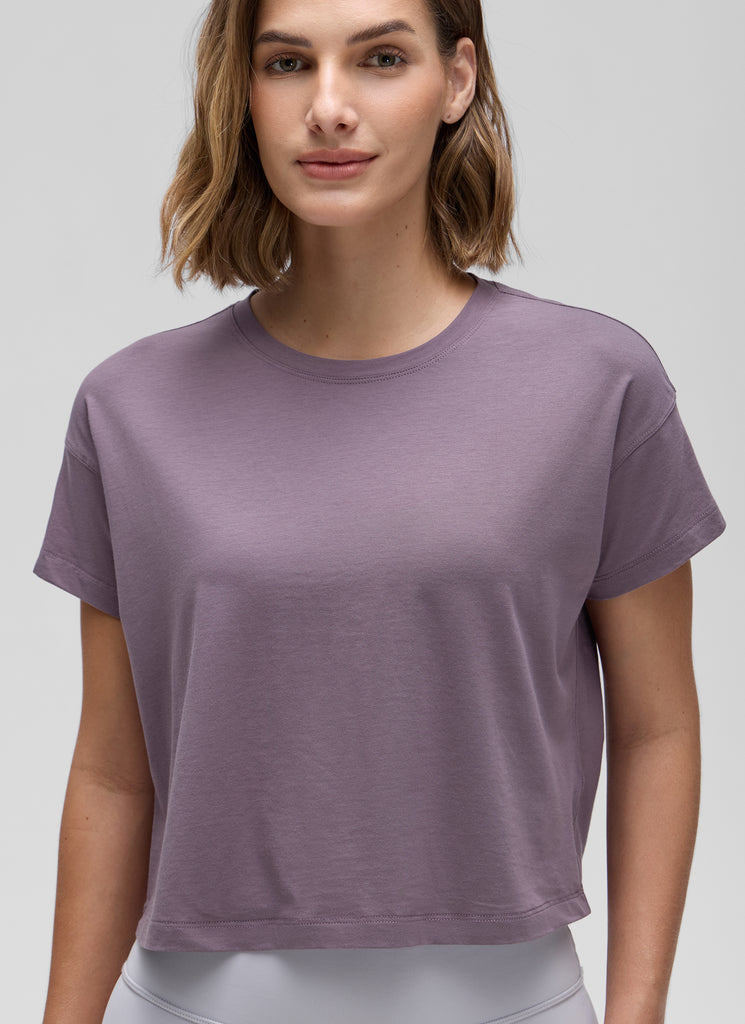 CRZ YOGA Women's Yoga Relaxed Fit Shirt Pima Cotton Crop Short Sleeves White