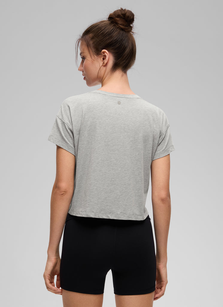 CRZ YOGA Women's Yoga Relaxed Fit Shirt Pima Cotton Crop Short Sleeves Heathered Medium Grey
