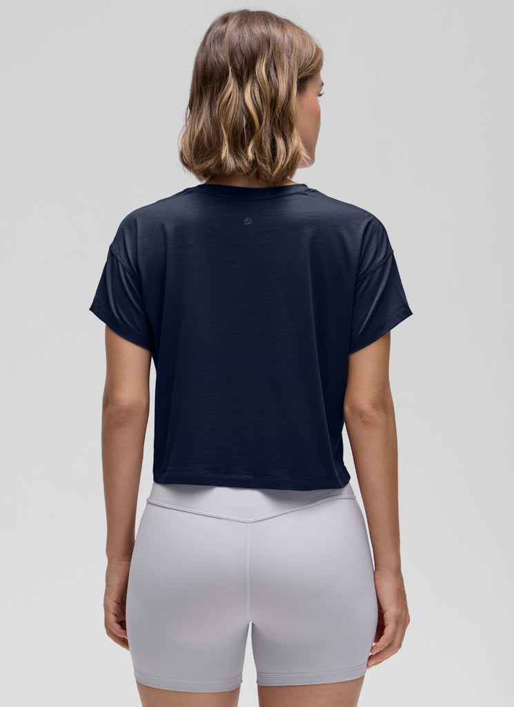 CRZ YOGA Women's Yoga Relaxed Fit Shirt Pima Cotton Crop Short Sleeves Navy