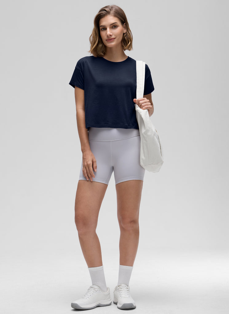 CRZ YOGA Women's Yoga Relaxed Fit Shirt Pima Cotton Crop Short Sleeves Smoky Blush