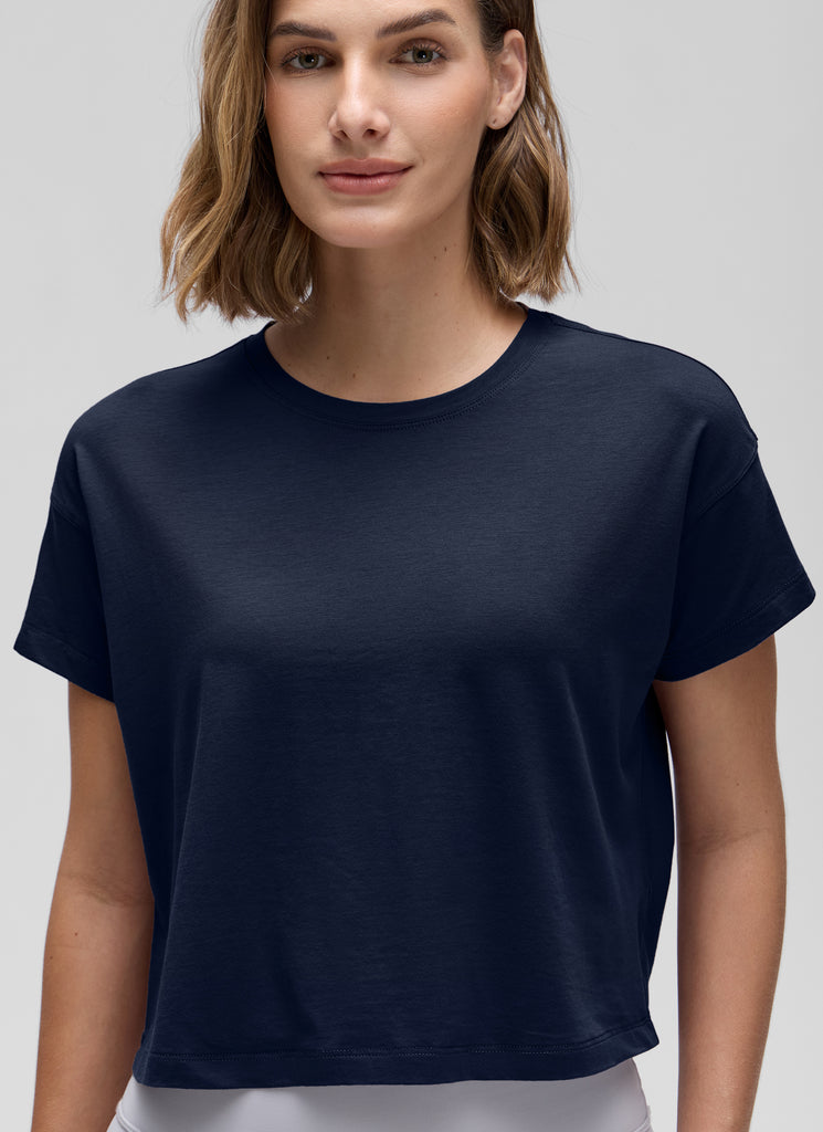 CRZ YOGA Women's Yoga Relaxed Fit Shirt Pima Cotton Crop Short Sleeves Smoky Blush