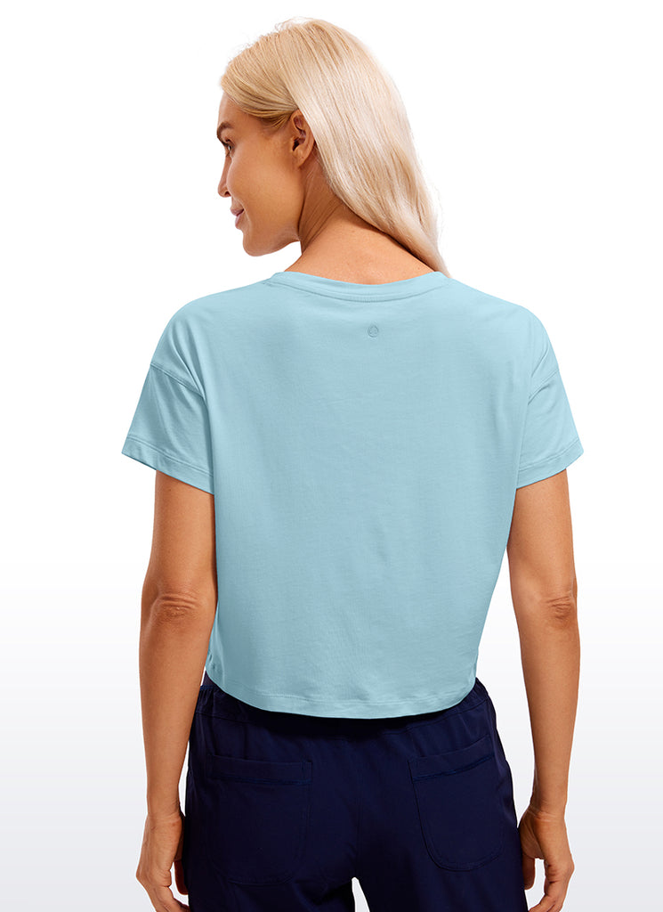 CRZ YOGA Women's Yoga Relaxed Fit Shirt Pima Cotton Crop Short Sleeves Pure Blue