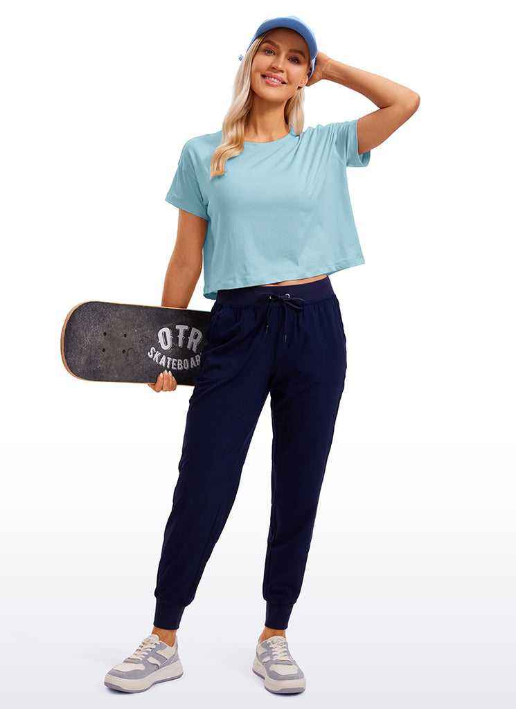 CRZ YOGA Women's Yoga Relaxed Fit Shirt Pima Cotton Crop Short Sleeves Pure Blue