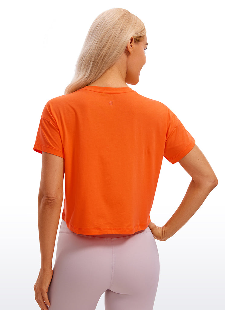 CRZ YOGA Women's Yoga Relaxed Fit Shirt Pima Cotton Crop Short Sleeves Coral