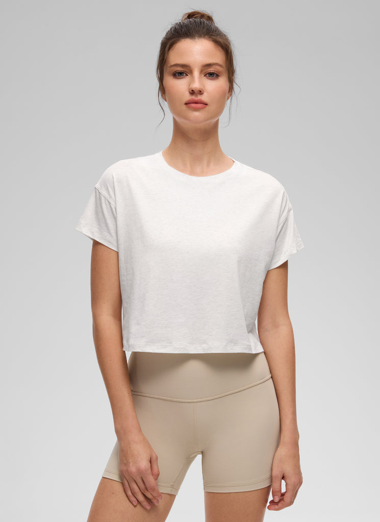 CRZ YOGA Women's Yoga Relaxed Fit Shirt Pima Cotton Crop Short Sleeves Ice Grey White