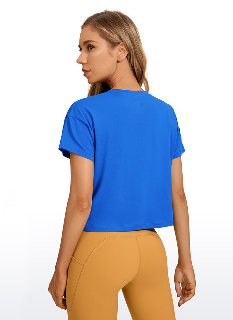 CRZ YOGA Women's Yoga Relaxed Fit Shirt Pima Cotton Crop Short Sleeves Strong Blue