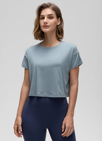 CRZ YOGA Women's Yoga Relaxed Fit Shirt Pima Cotton Crop Short Sleeves Belgian Blue