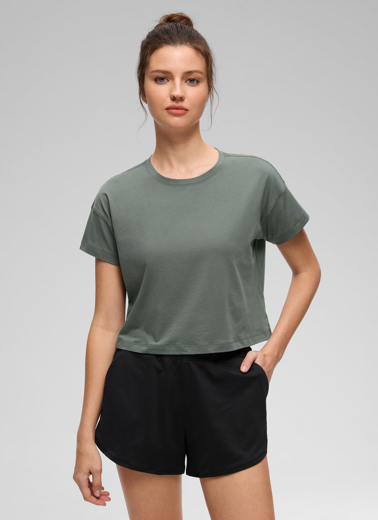 CRZ YOGA Women's Yoga Relaxed Fit Shirt Pima Cotton Crop Short Sleeves Grey Sage