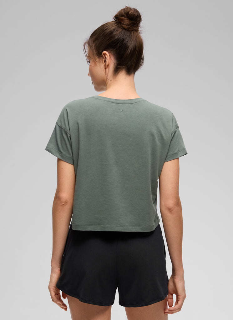 CRZ YOGA Women's Yoga Relaxed Fit Shirt Pima Cotton Crop Short Sleeves Grey Sage