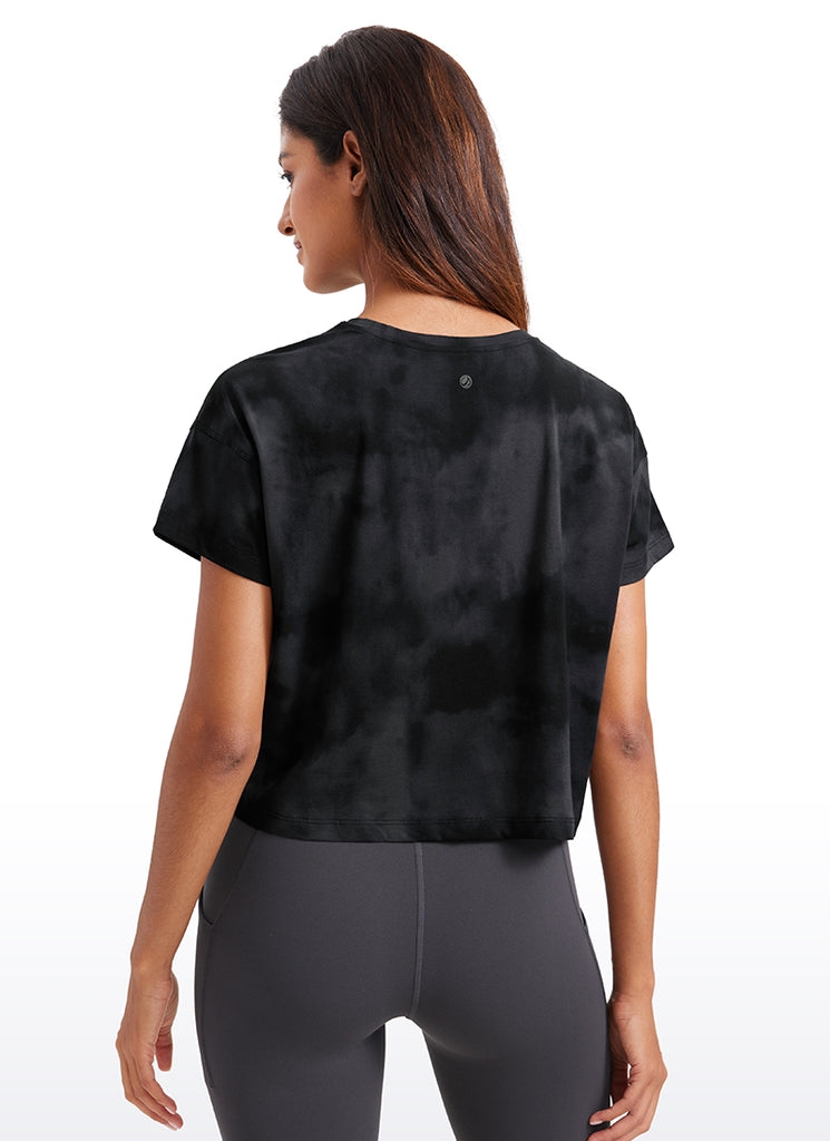 CRZ YOGA Women's Yoga Relaxed Fit Shirt Pima Cotton Crop Short Sleeves Black Tie Dye Flowers