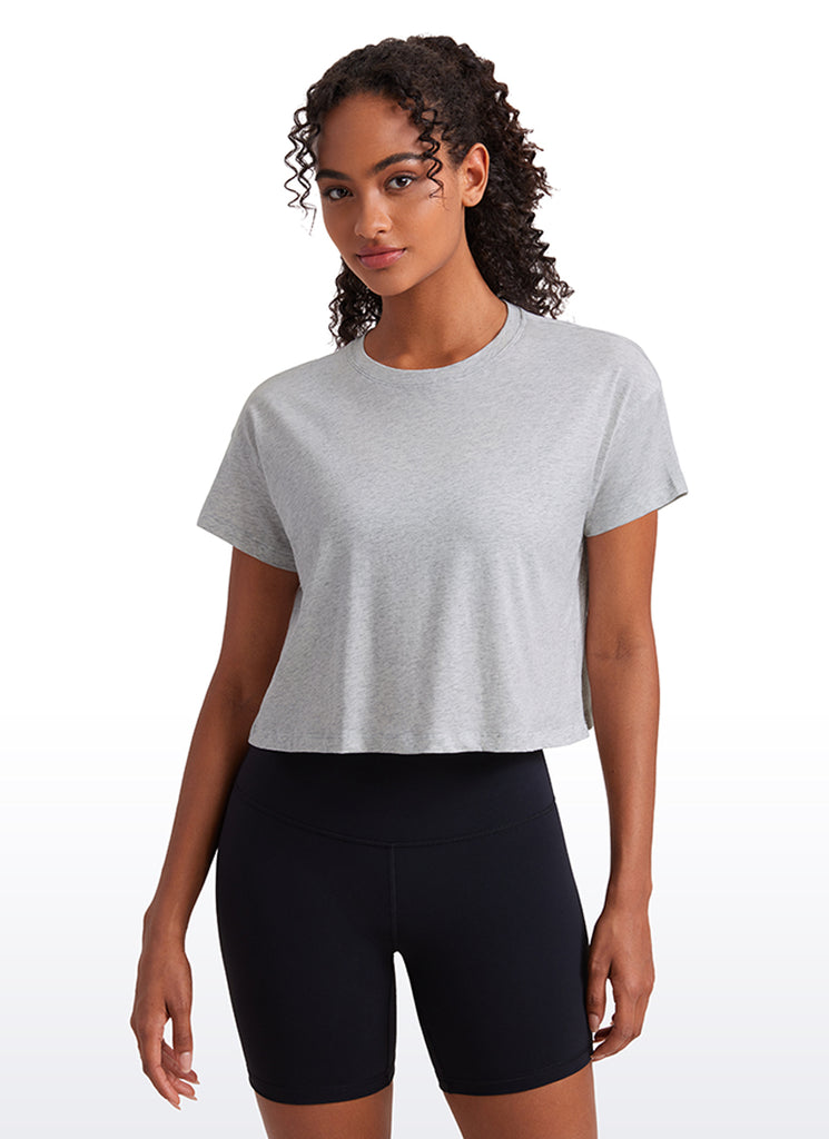 CRZ YOGA Women's Yoga Relaxed Fit Shirt Pima Cotton Crop Short Sleeves Light Grey Heather