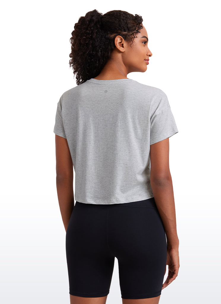 CRZ YOGA Women's Yoga Relaxed Fit Shirt Pima Cotton Crop Short Sleeves Belgian Blue